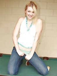 UhTeens presents: Sweet blonde babe spreads shaved pussy on pool table