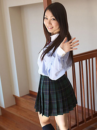UhTeens presents: Asian schoolgirl Tomoyo Hoshino strips to stockings and poses outdoors