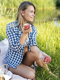 UhTeens presents: Skinny blonde Paulina gets naked on a blanket in a field of wheat